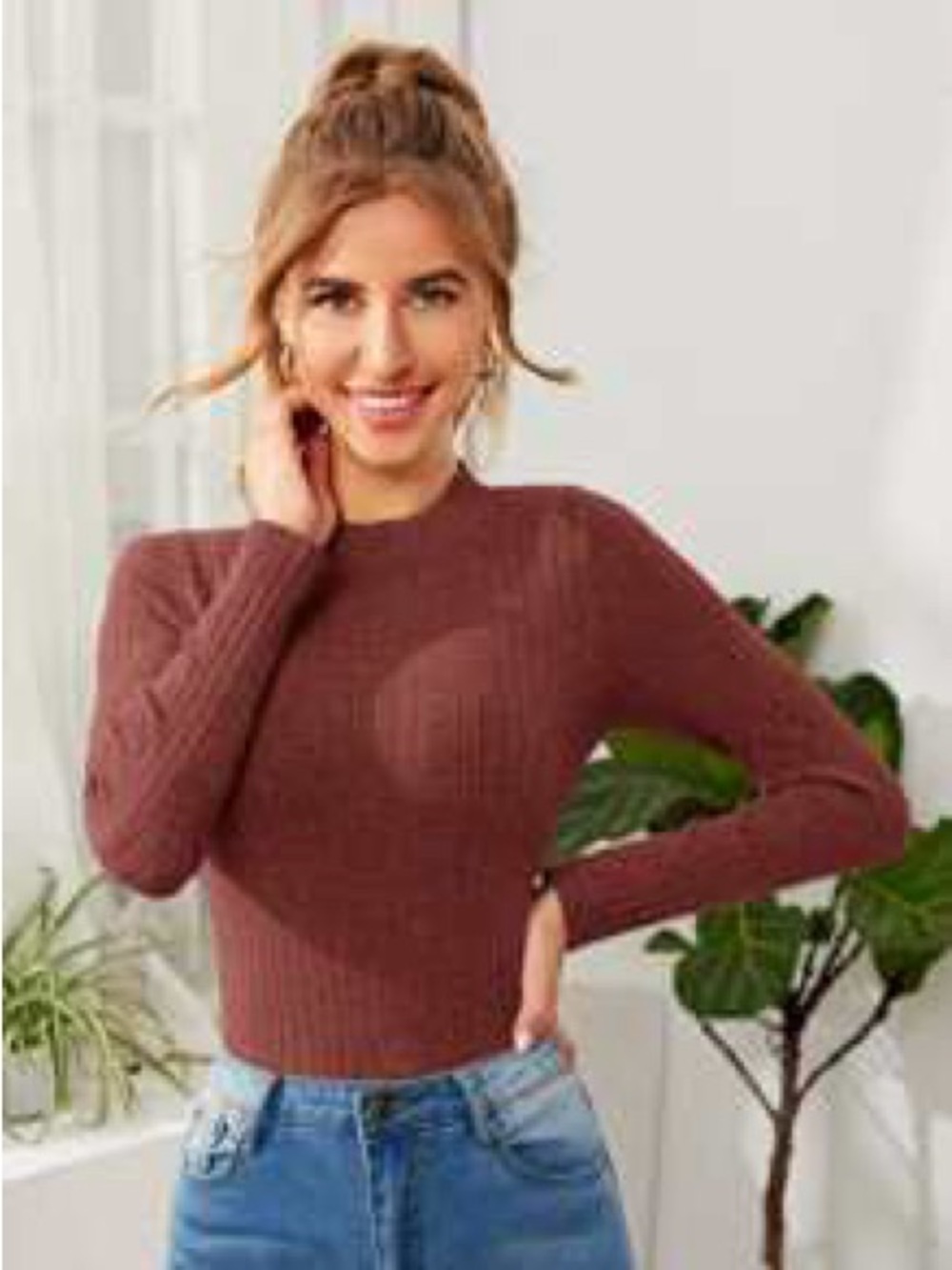 SHEIN Rusty Red Ribbed Knit Mock Neck Sweater Top Long Sleeve Size S